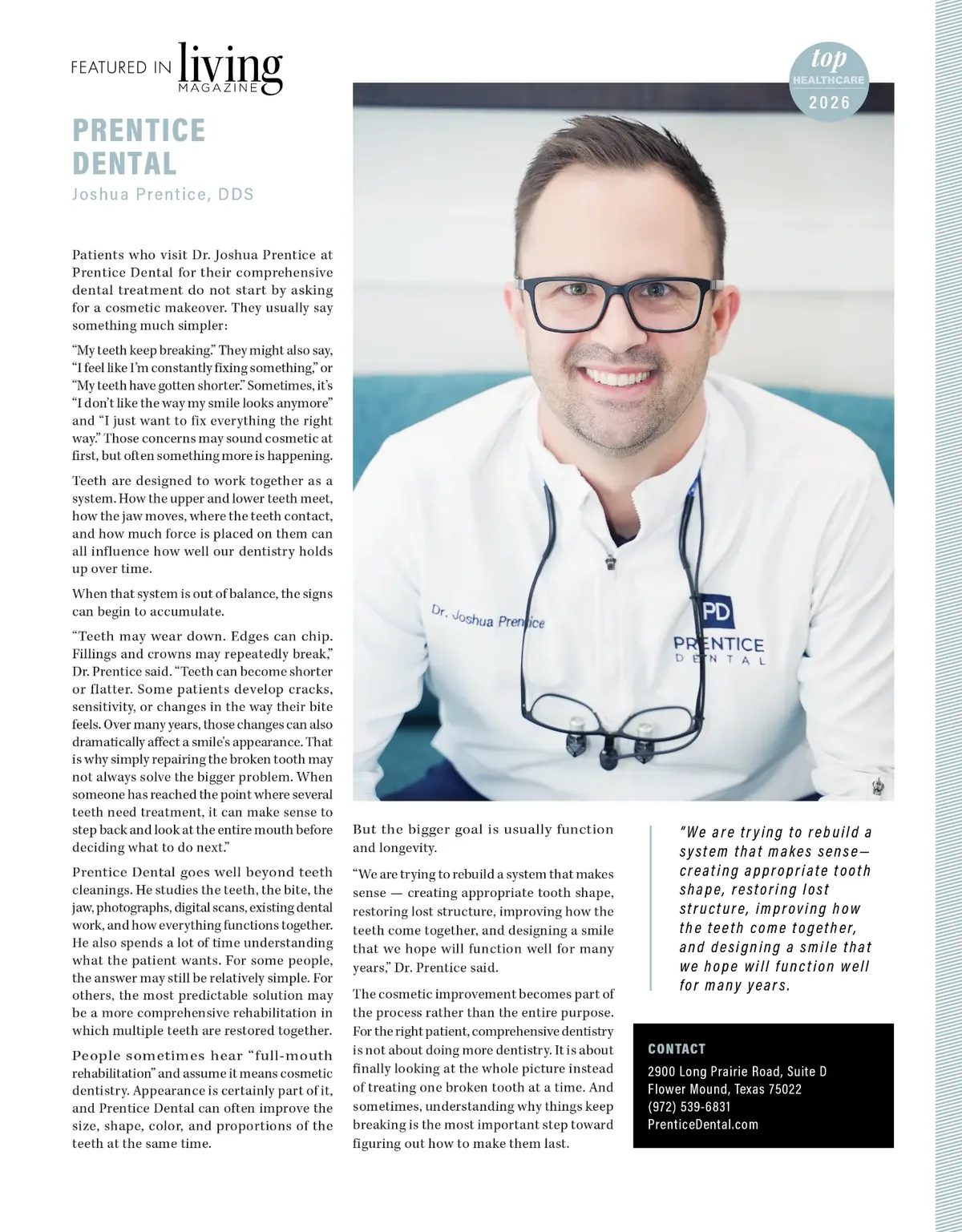 Living Magazine October 2026 Top Healthcare profile of Dr. Joshua Prentice, Prentice Dental